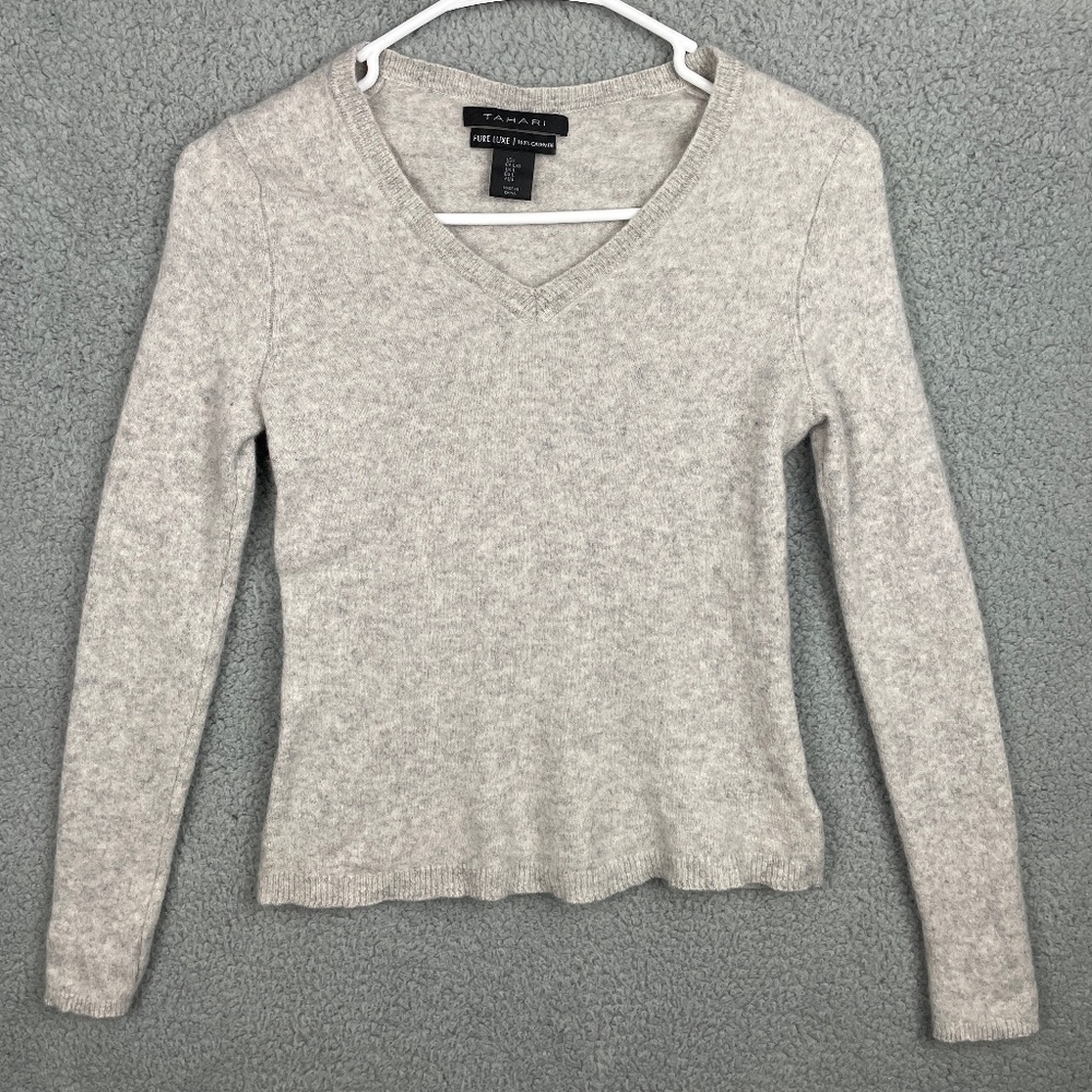 TAHARI Sweater Womens L Pure Luxe 100% Cashmere L/S Tight Fit Fitted Stretch
